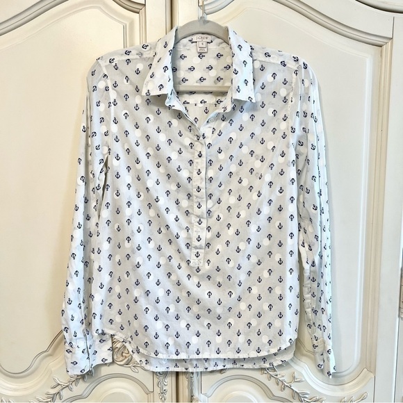 J. Crew Factory Tops - J Crew Factory Women’s Cotton Half Button-Down Top in Cream and Navy, Size Small